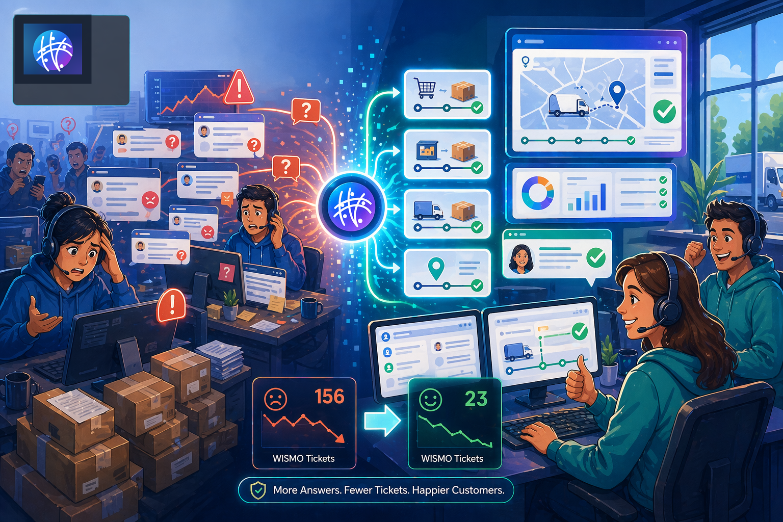 Automated Order Tracking: How to Reduce WISMO Support Load cartoon ecommerce operations hero image with Meshline logo
