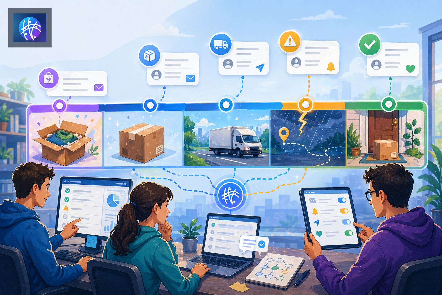 Automated Shipment Notifications: What Customers Should Receive and When cartoon ecommerce operations hero image with Meshline logo