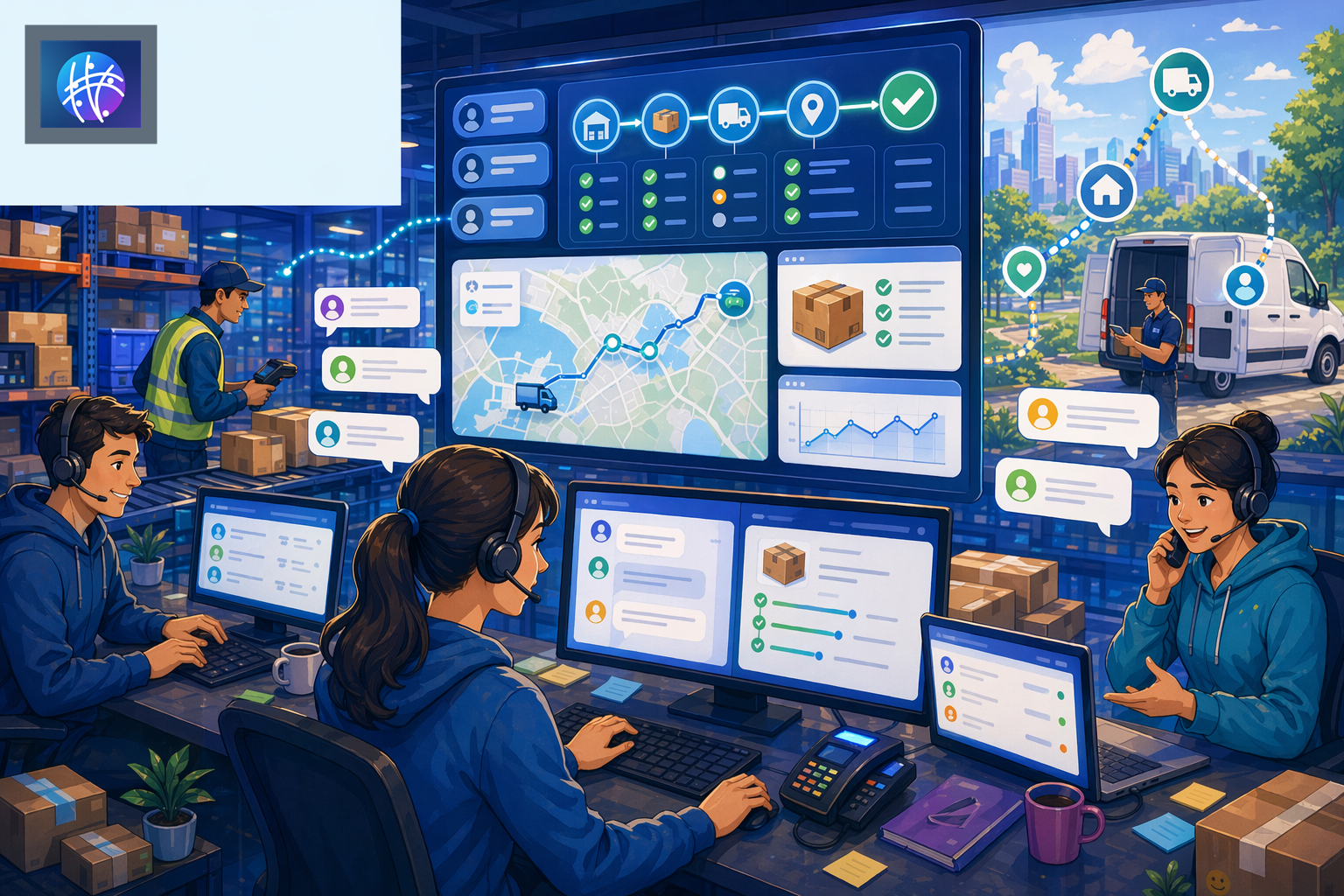 Automated Shipment Tracking for Ecommerce Support Teams cartoon ecommerce operations hero image with Meshline logo