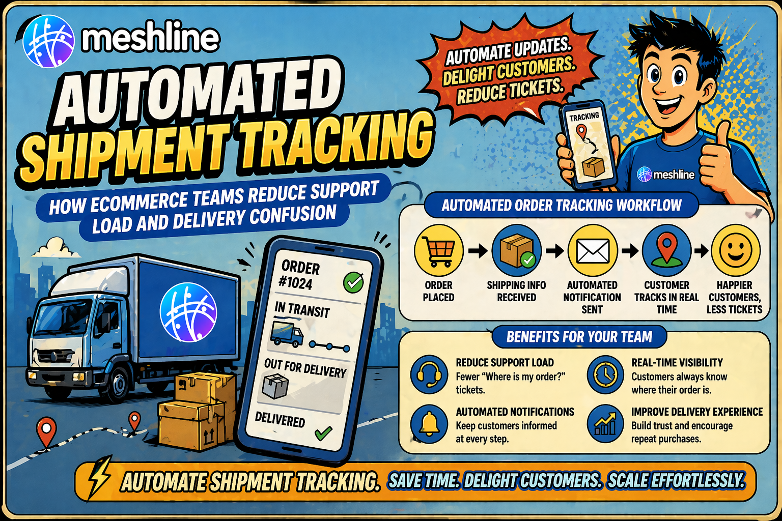 automated shipment tracking workflow showing carrier events delivery updates customer notifications and support visibility
