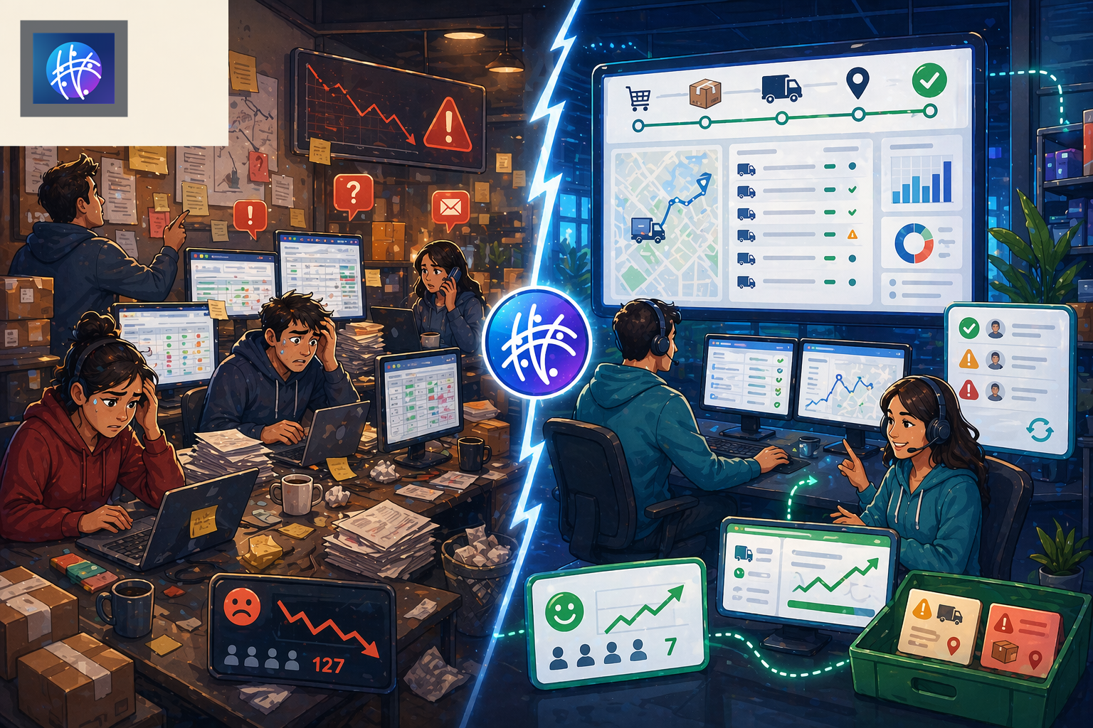 Automated Shipment Tracking vs Manual Tracking: What Breaks at Scale cartoon ecommerce operations hero image with Meshline logo