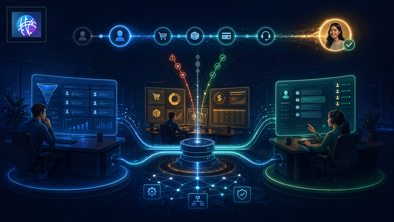 Automation Infrastructure for CRM, ERP, and Support System Workflows cartoon operations infrastructure hero image with Meshline logo
