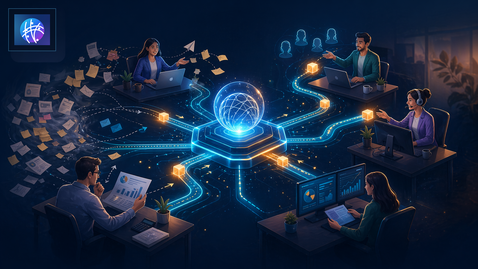 How Automation Infrastructure Reduces Manual Handoffs Across Teams cartoon operations infrastructure hero image with Meshline logo