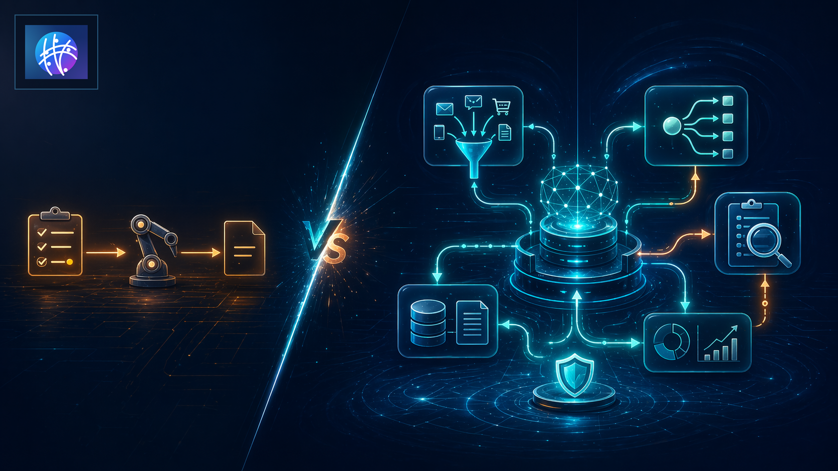 Automation Infrastructure vs Workflow Automation: What Is the Difference? cartoon operations infrastructure hero image with Meshline logo