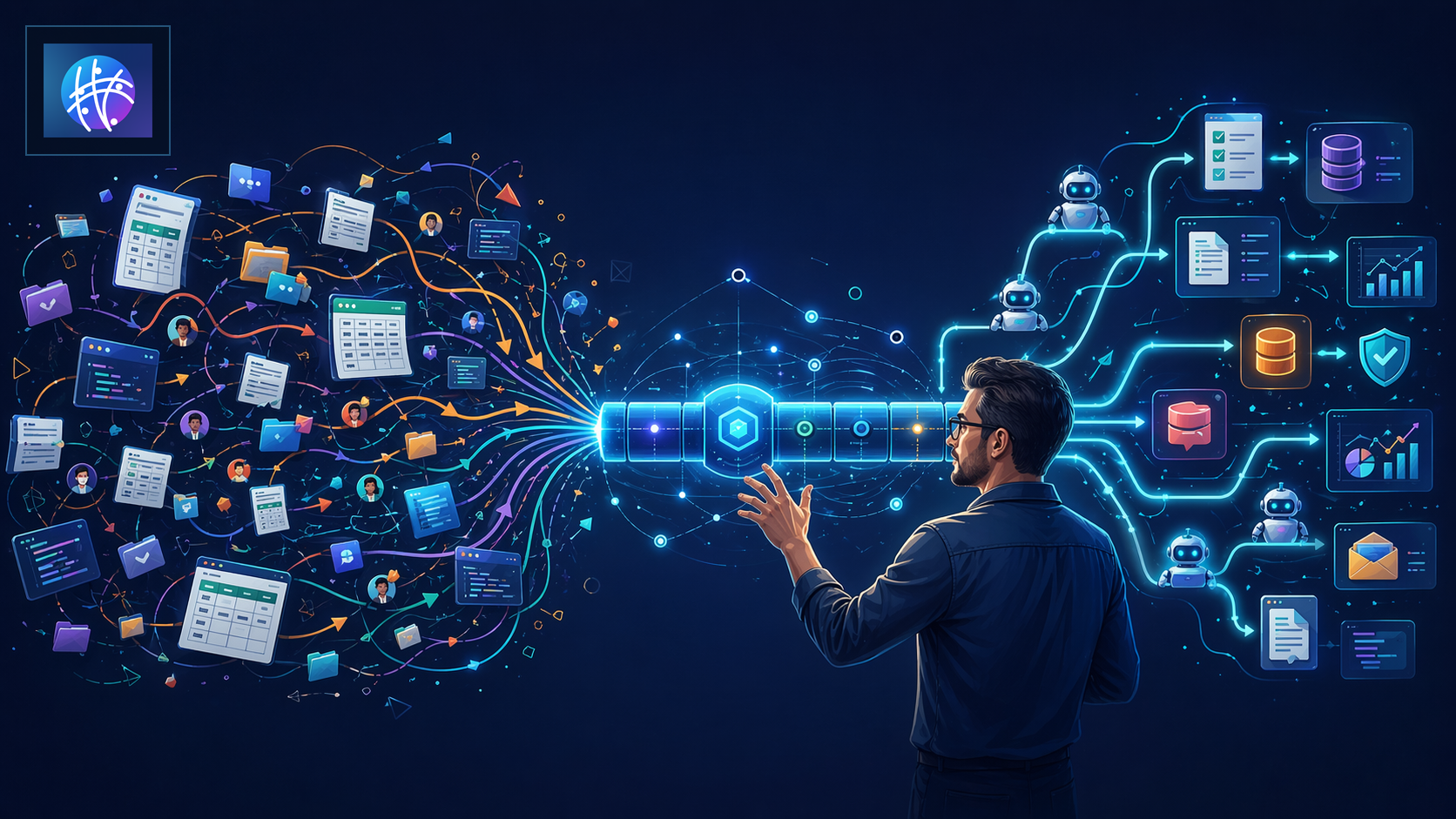 How to Build Automation Infrastructure Without Creating Tool Sprawl cartoon operations infrastructure hero image with Meshline logo