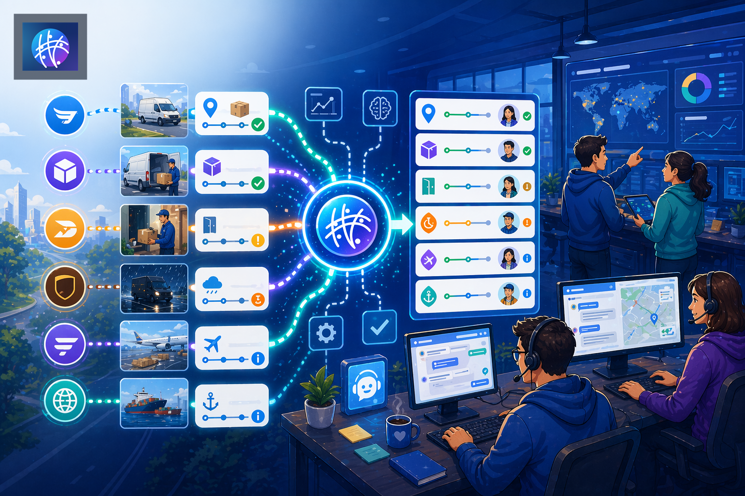 Carrier Tracking Automation: How to Connect Status Events to Support cartoon ecommerce operations hero image with Meshline logo