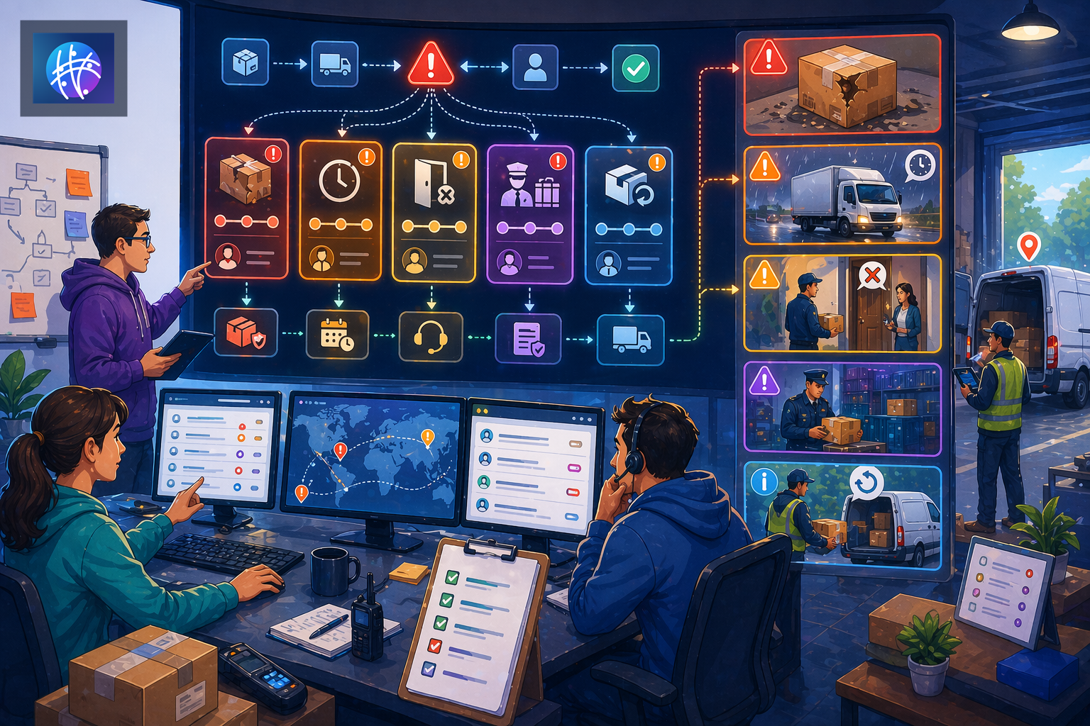 How Shipment Tracking Automation Improves Delivery Exception Handling cartoon ecommerce operations hero image with Meshline logo