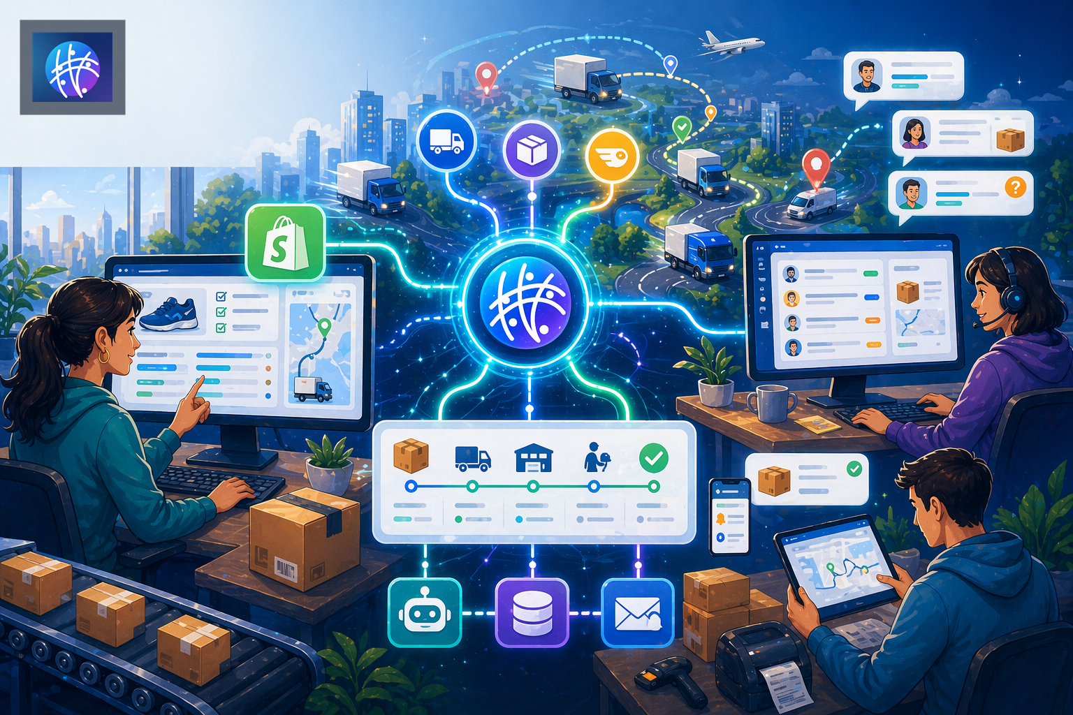 How to Automate Shipment Tracking Across Shopify, Carriers, and Support cartoon ecommerce operations hero image with Meshline logo