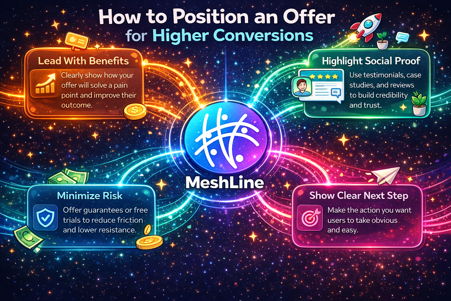 offer positioning diagram for higher conversions with benefits proof risk reduction and next steps