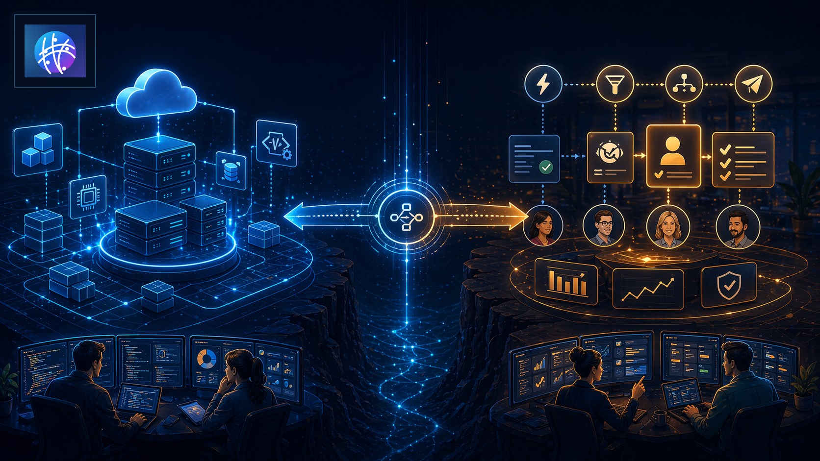 Infrastructure Automation vs Automation Infrastructure: What Is the Difference? premium infrastructure automation hero image with Meshline logo