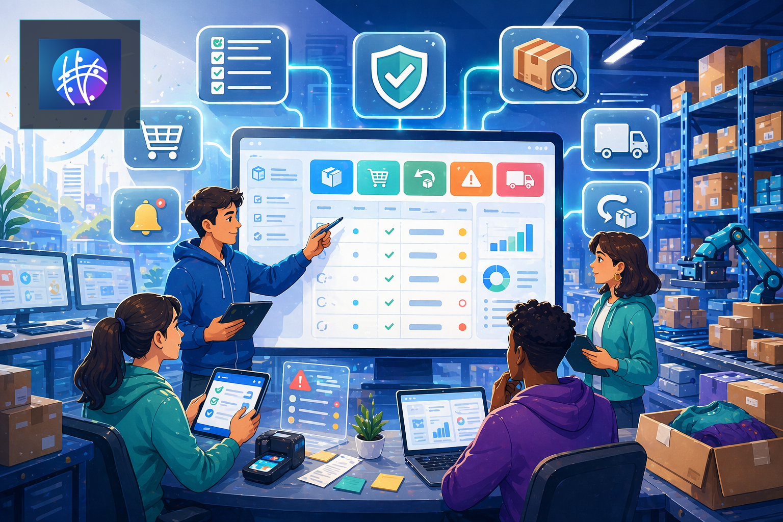 Inventory Reconciliation Best Practices for Ecommerce Operators cartoon ecommerce operations hero image with Meshline logo