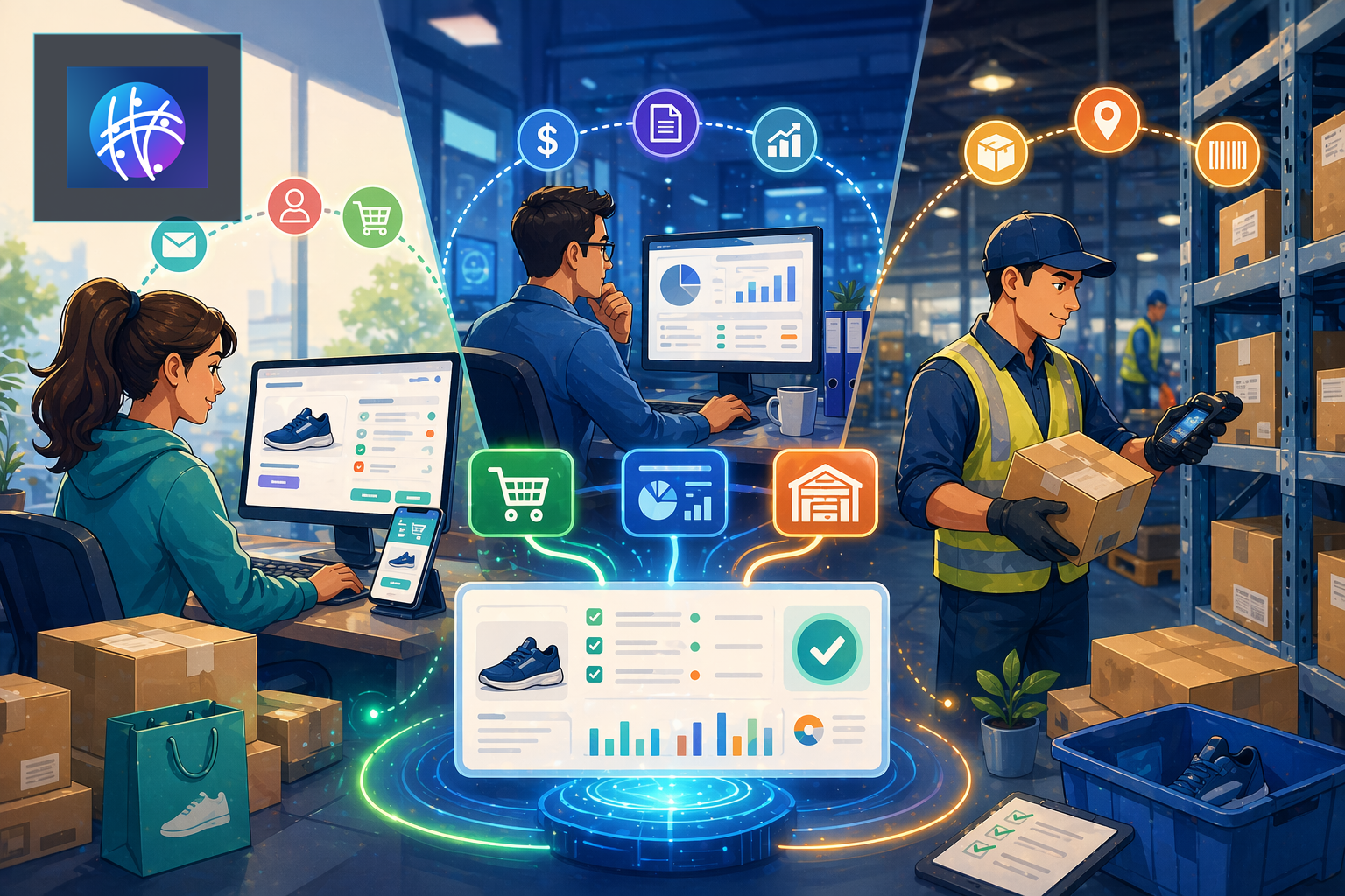 Inventory Reconciliation Examples for Shopify, ERP, and Warehouse Teams cartoon ecommerce operations hero image with Meshline logo