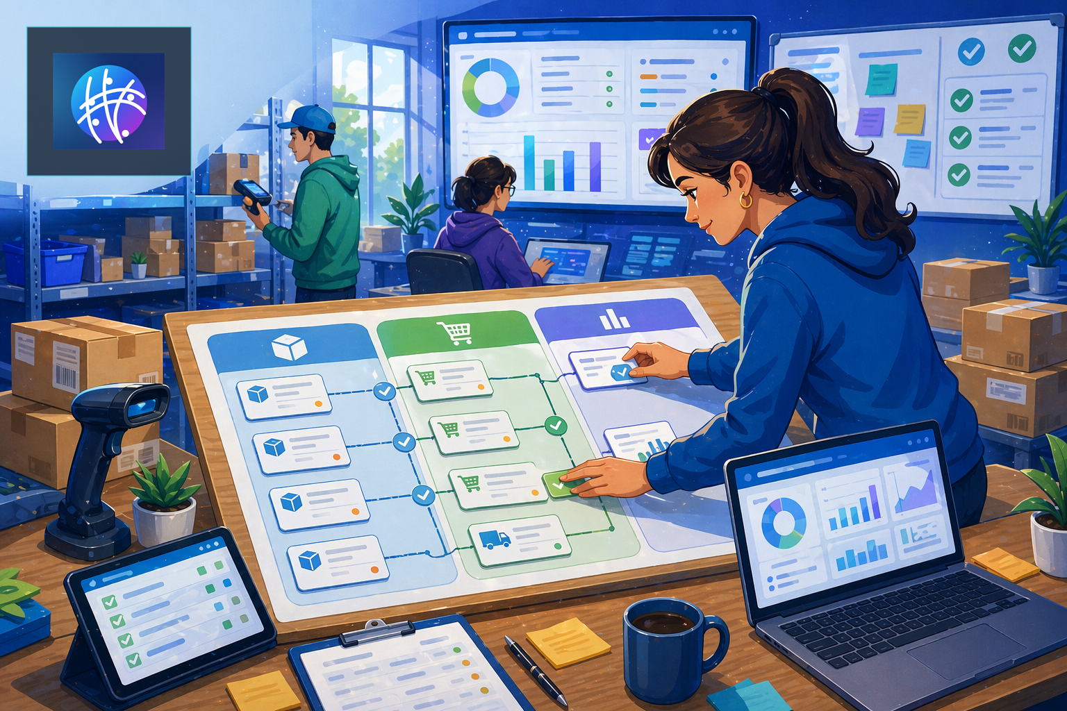 Inventory Reconciliation Process: How to Match Stock, Orders, and Reports cartoon ecommerce operations hero image with Meshline logo