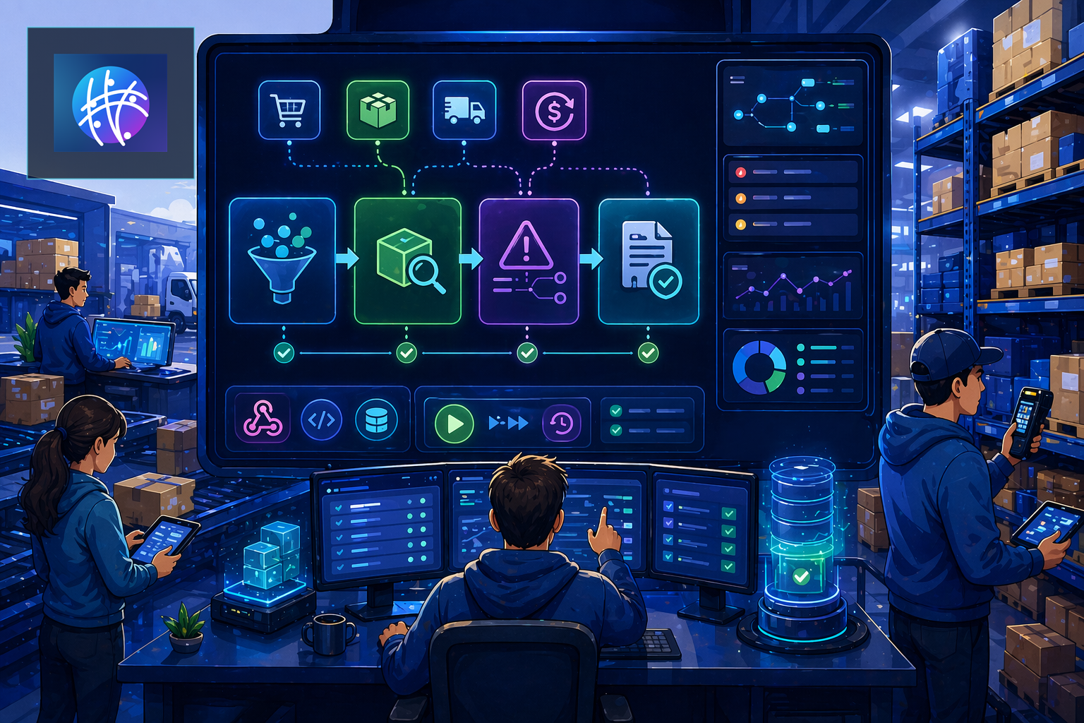 Inventory Reconciliation Software Workflow: What to Automate First cartoon ecommerce operations hero image with Meshline logo