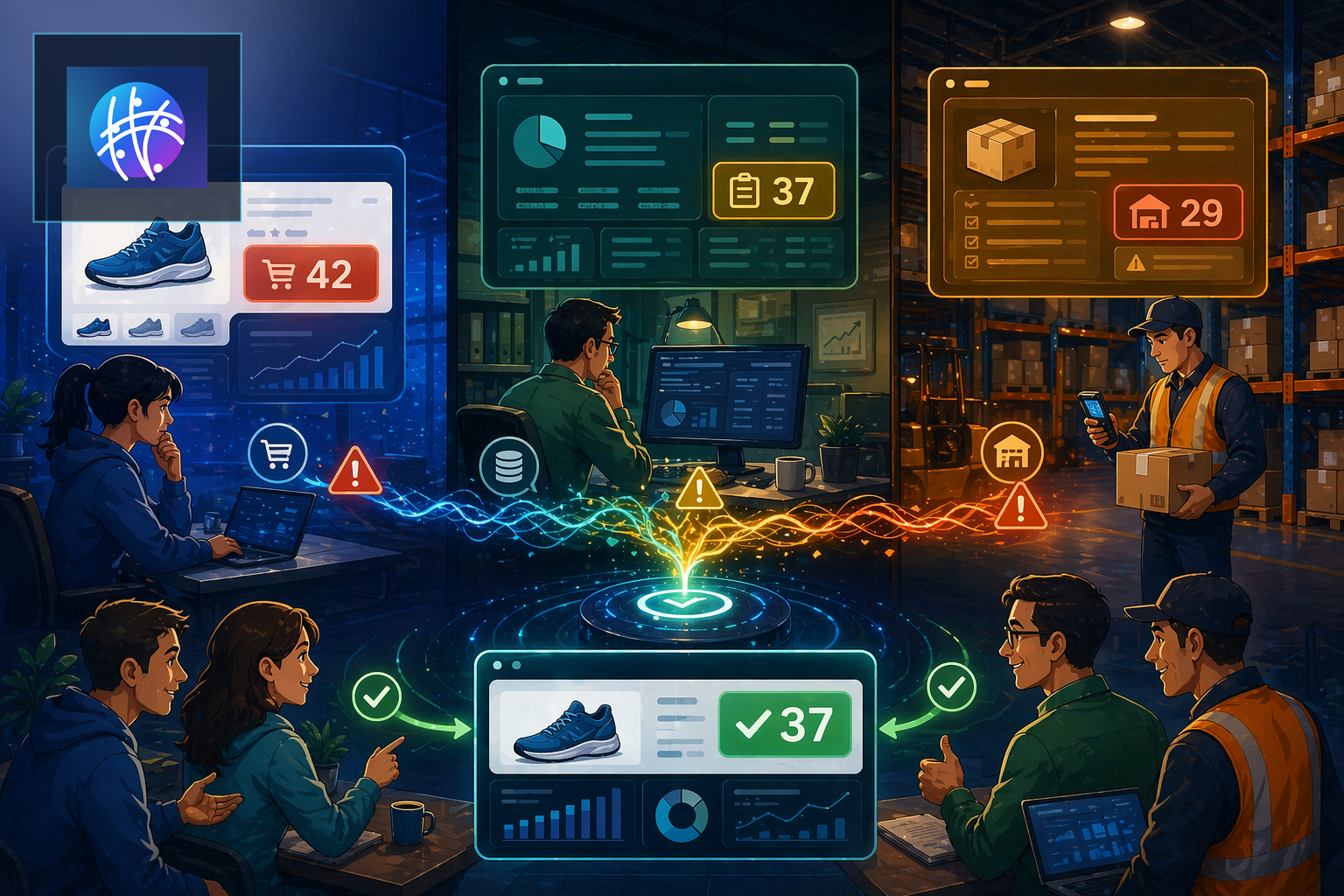 Why Inventory Reconciliation Breaks Between Storefront, ERP, and Warehouse cartoon ecommerce operations hero image with Meshline logo