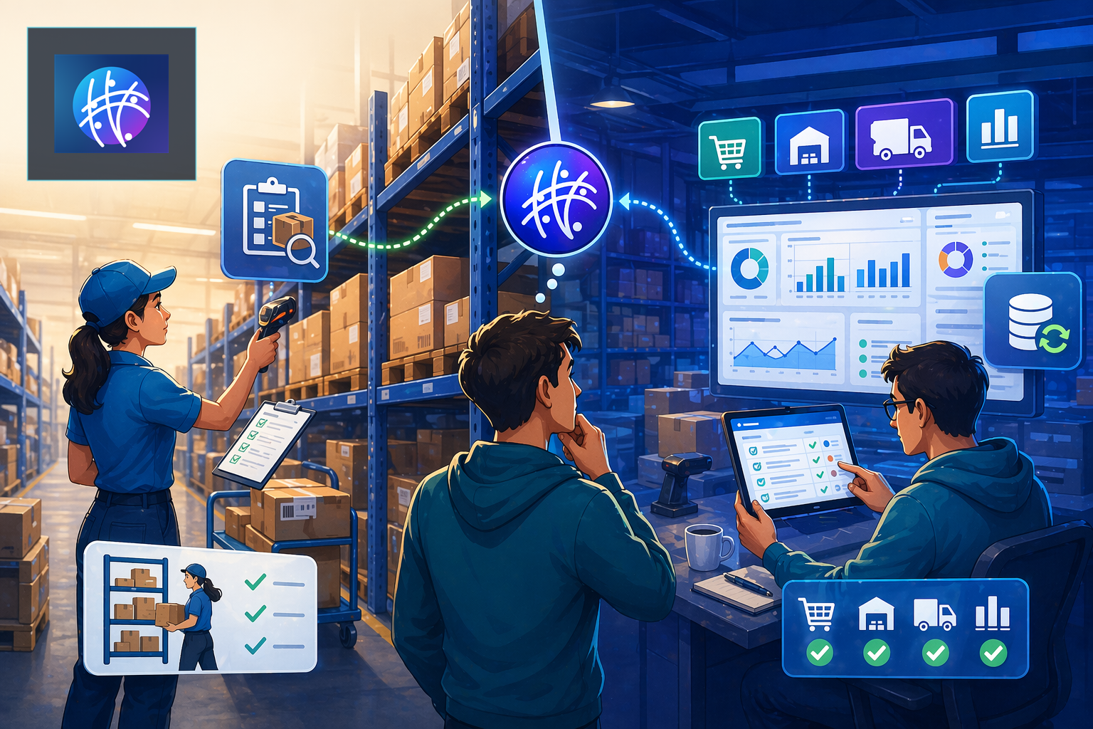 Inventory Reconciliation vs Inventory Counting: What Operators Need to Know cartoon ecommerce operations hero image with Meshline logo