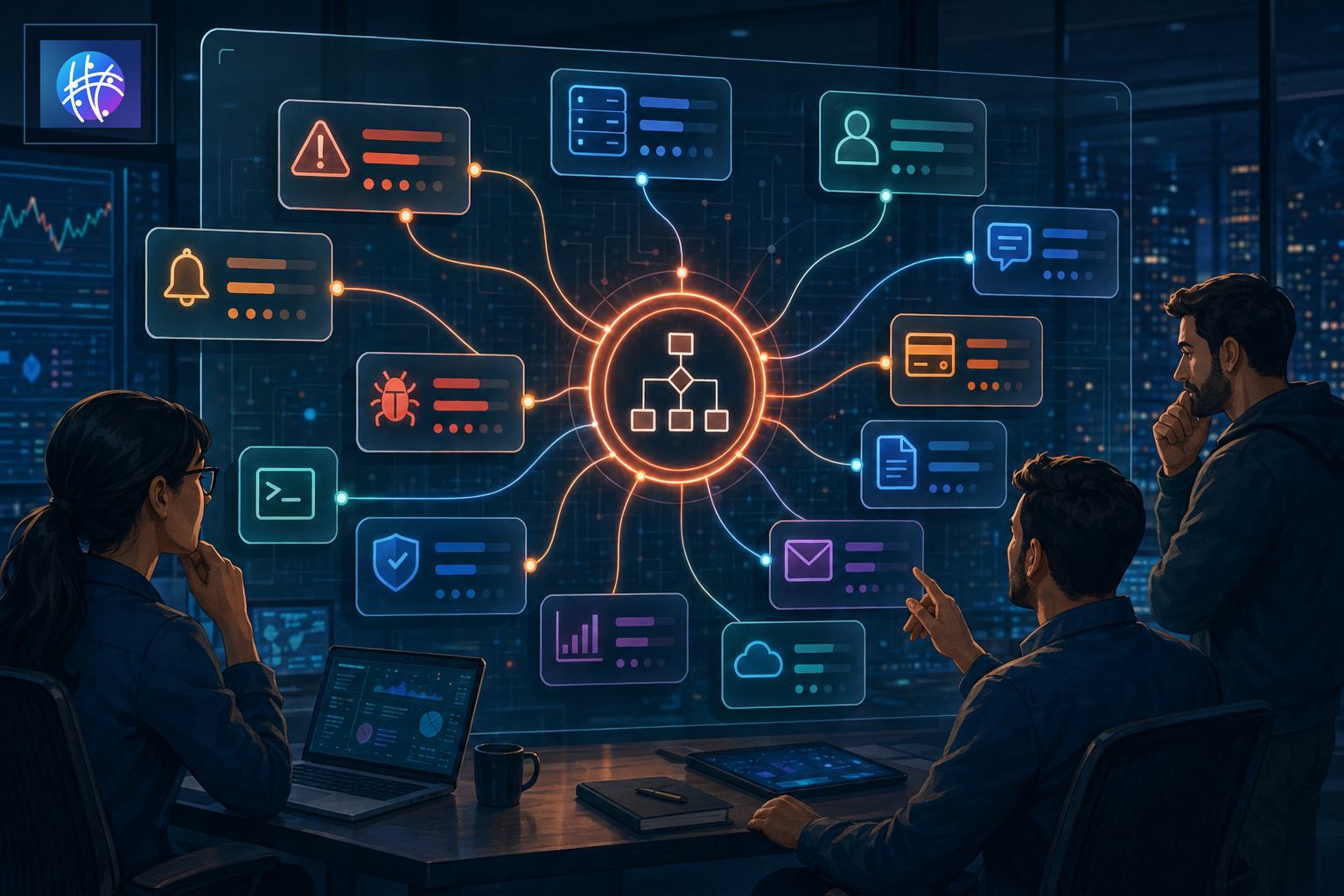 Event Correlation Examples for Alerts, Logs, and Workflows cinematic event correlation operations map hero image with Meshline logo