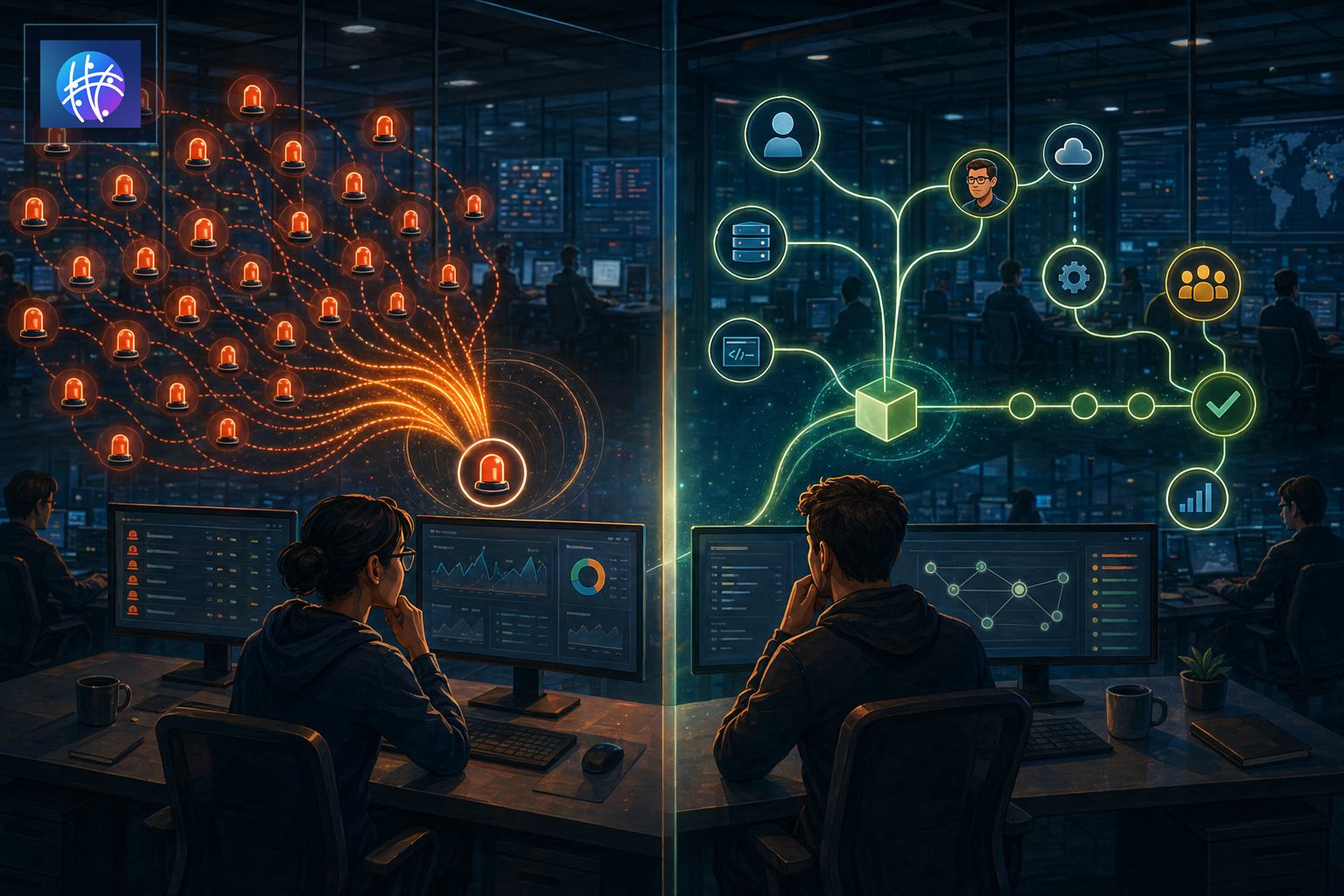 Event Correlation vs Alert Correlation: What Is the Difference? cinematic event correlation operations map hero image with Meshline logo