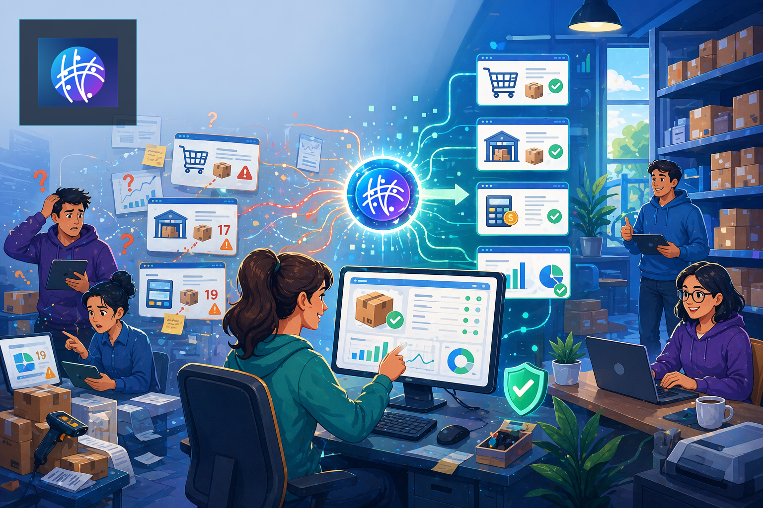 How to Reconcile Inventory Across Multiple Systems Without Manual Cleanup cartoon ecommerce operations hero image with Meshline logo