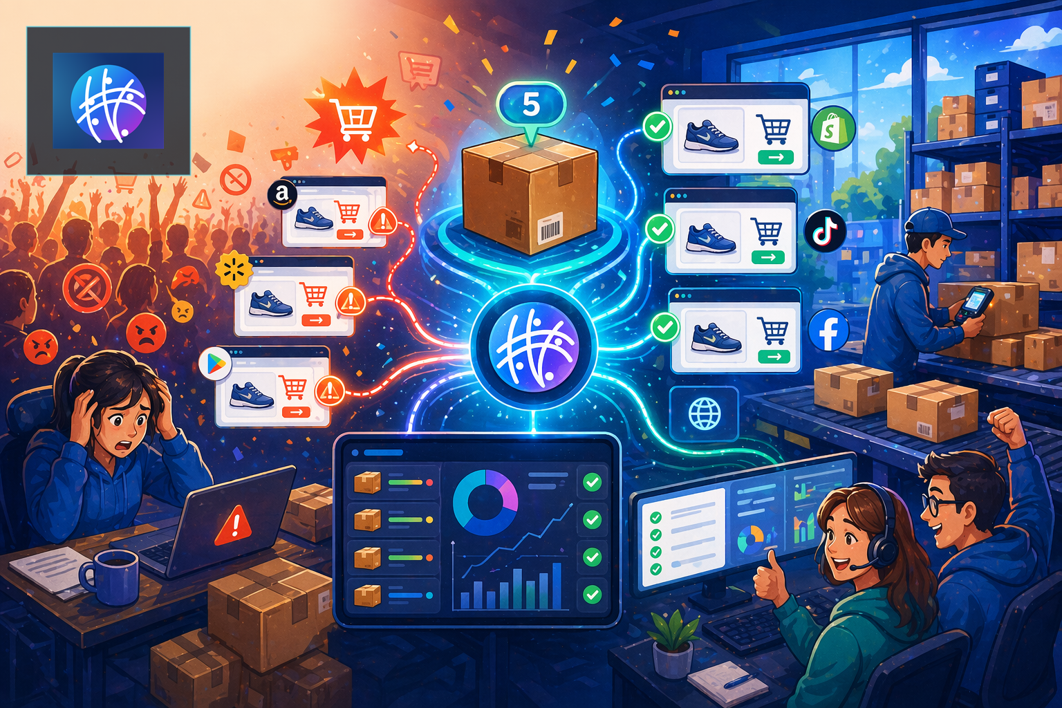 How Inventory Reconciliation Reduces Overselling and Stock Errors cartoon ecommerce operations hero image with Meshline logo