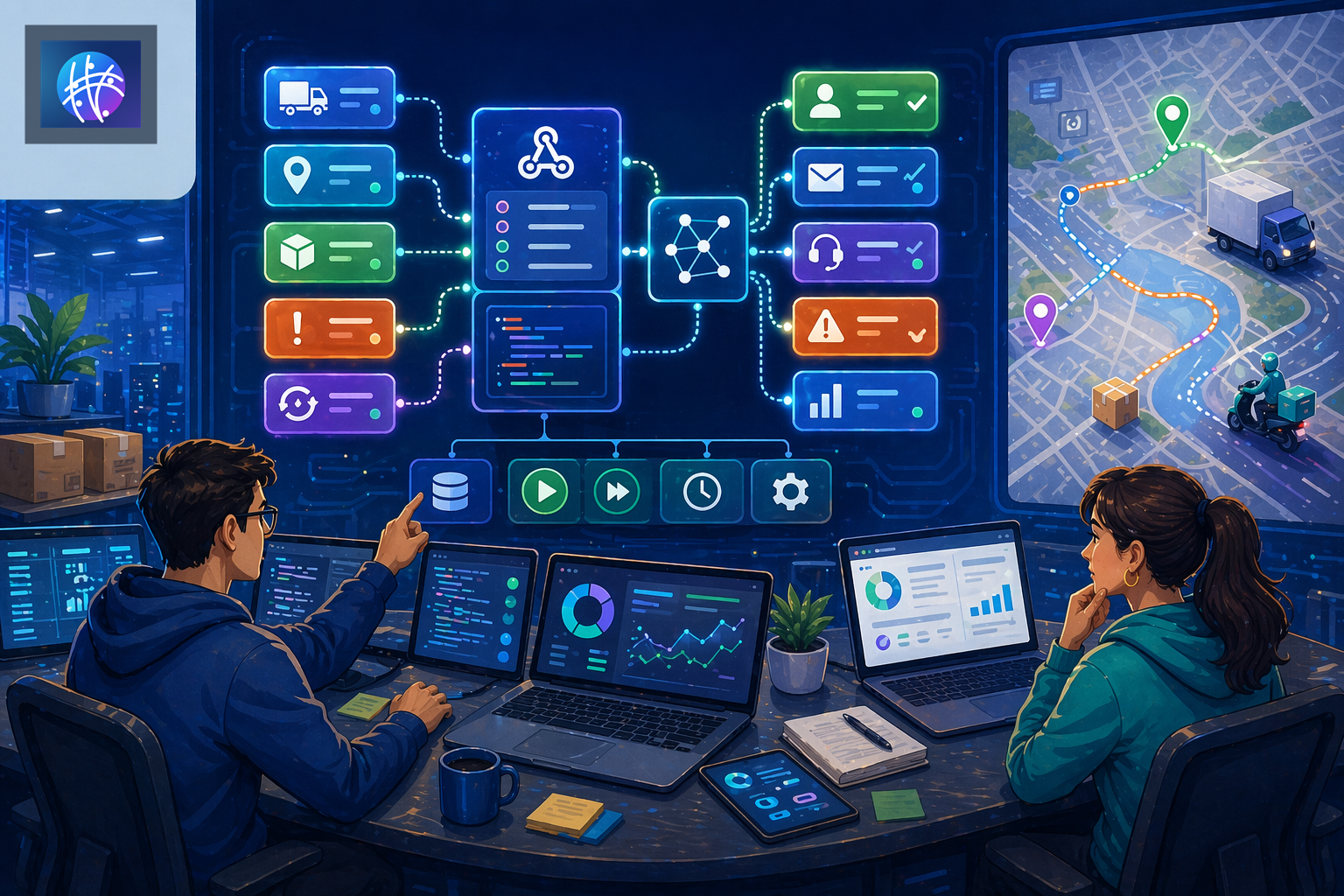 Shipment Tracking API Workflow: How to Turn Carrier Events Into Actions cartoon ecommerce operations hero image with Meshline logo