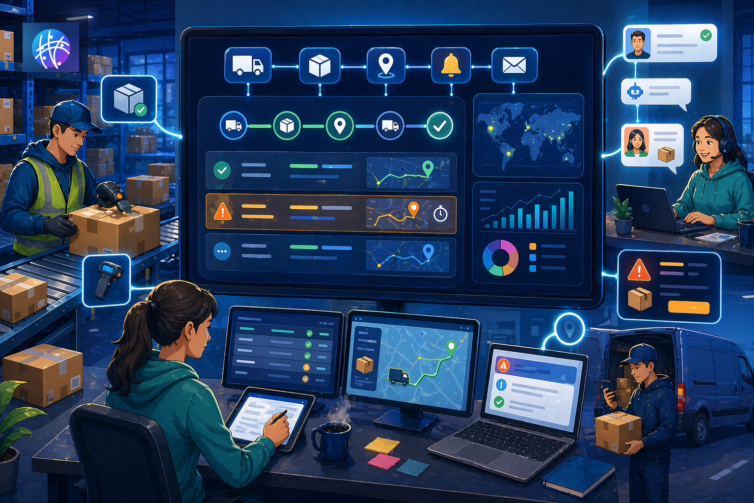 Shipment Tracking Automation Workflow for Ecommerce Operators cartoon ecommerce operations hero image with Meshline logo