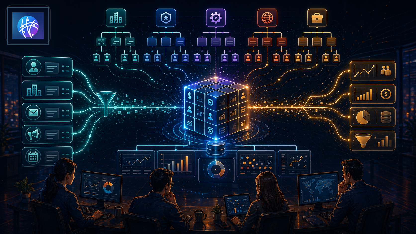 Snowflake Schema for CRM and Revenue Operations Reporting premium data warehouse schema hero image with Meshline logo