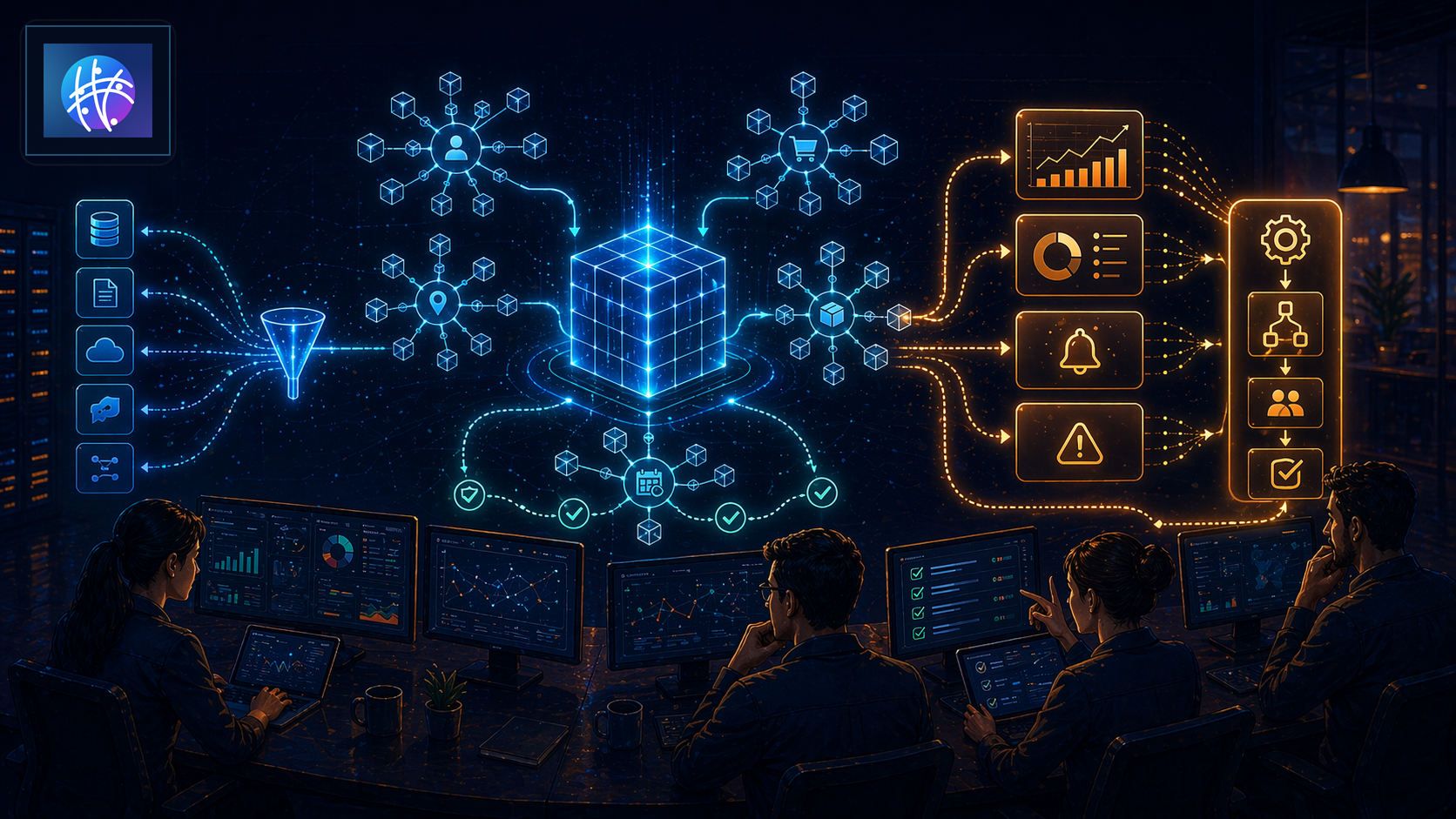 Snowflake Schema Reporting Automation for Ops Teams premium data warehouse schema hero image with Meshline logo