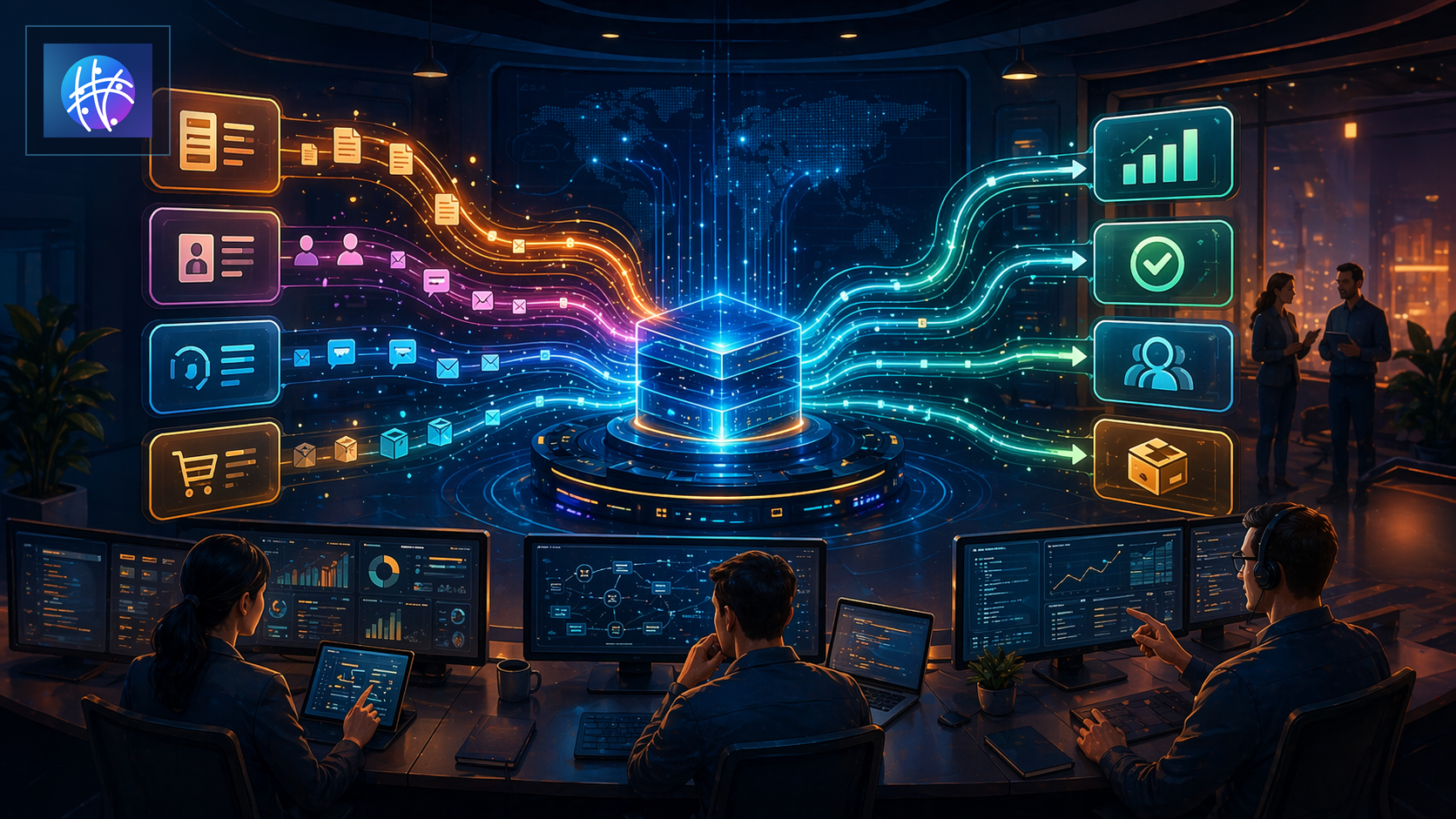What Is Automation Infrastructure? A Practical Guide for Operations Teams cartoon operations infrastructure hero image with Meshline logo