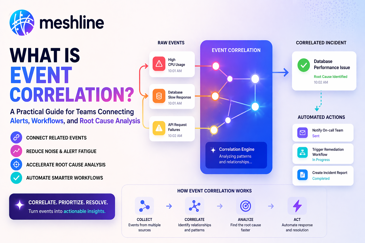 event correlation workflow showing alerts grouped into incidents with workflow routing and root cause investigation